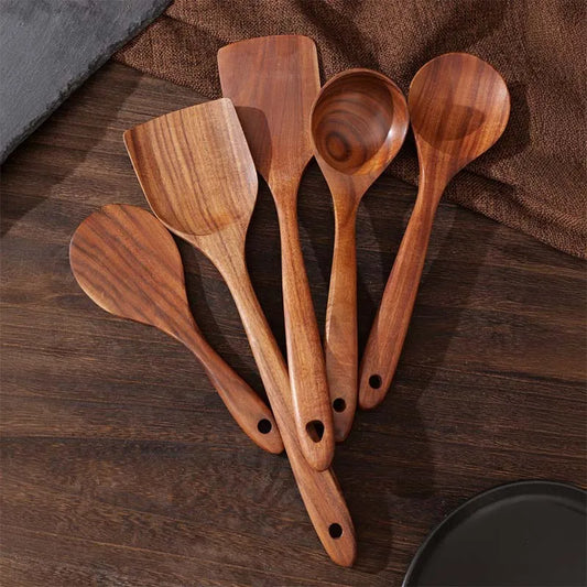 Wooden Utensil Set 5 Pieces With Hanging Holes Non Toxic Kitchen Tools