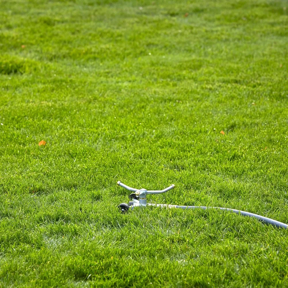 Heavy Duty 692 Sq Ft Spinning Sprinkler with Wheeled Base, 360° Coverage for Flower Beds & Gardens