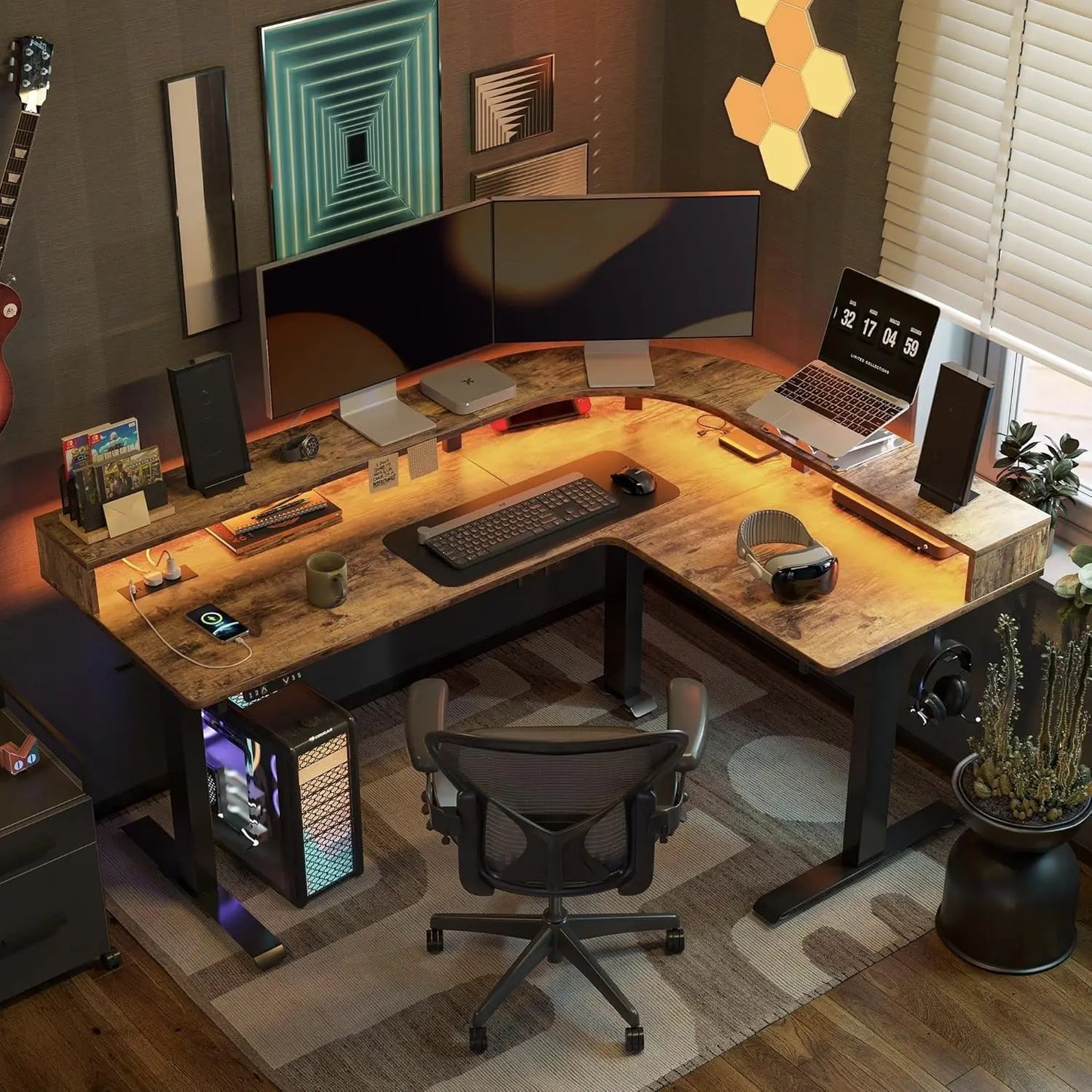 L Shaped Standing Desk With Arc LED and Triple Motors