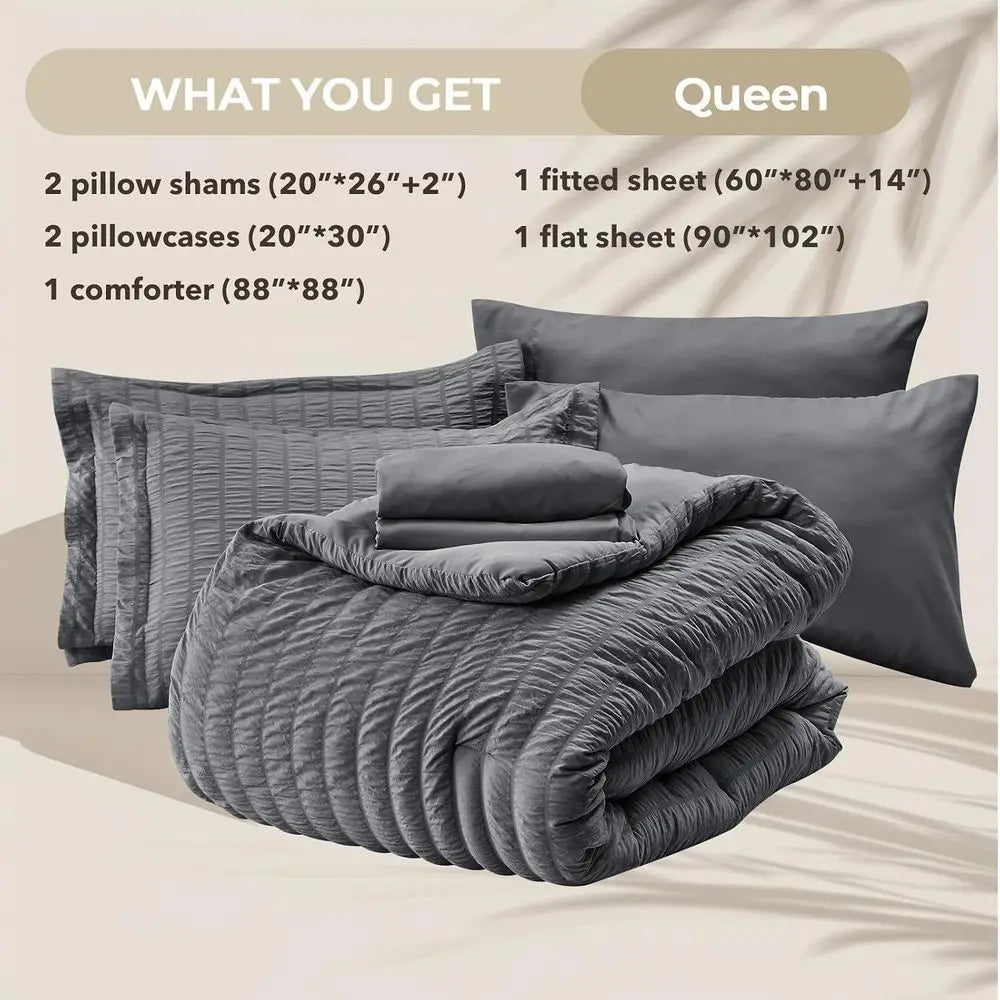 Comorter Set Seersucker 7 Pieces, All Season Luxury Bed in a Bag or Bedroom, Bedding Set with Comorters, Sheets, Pillowcases & S