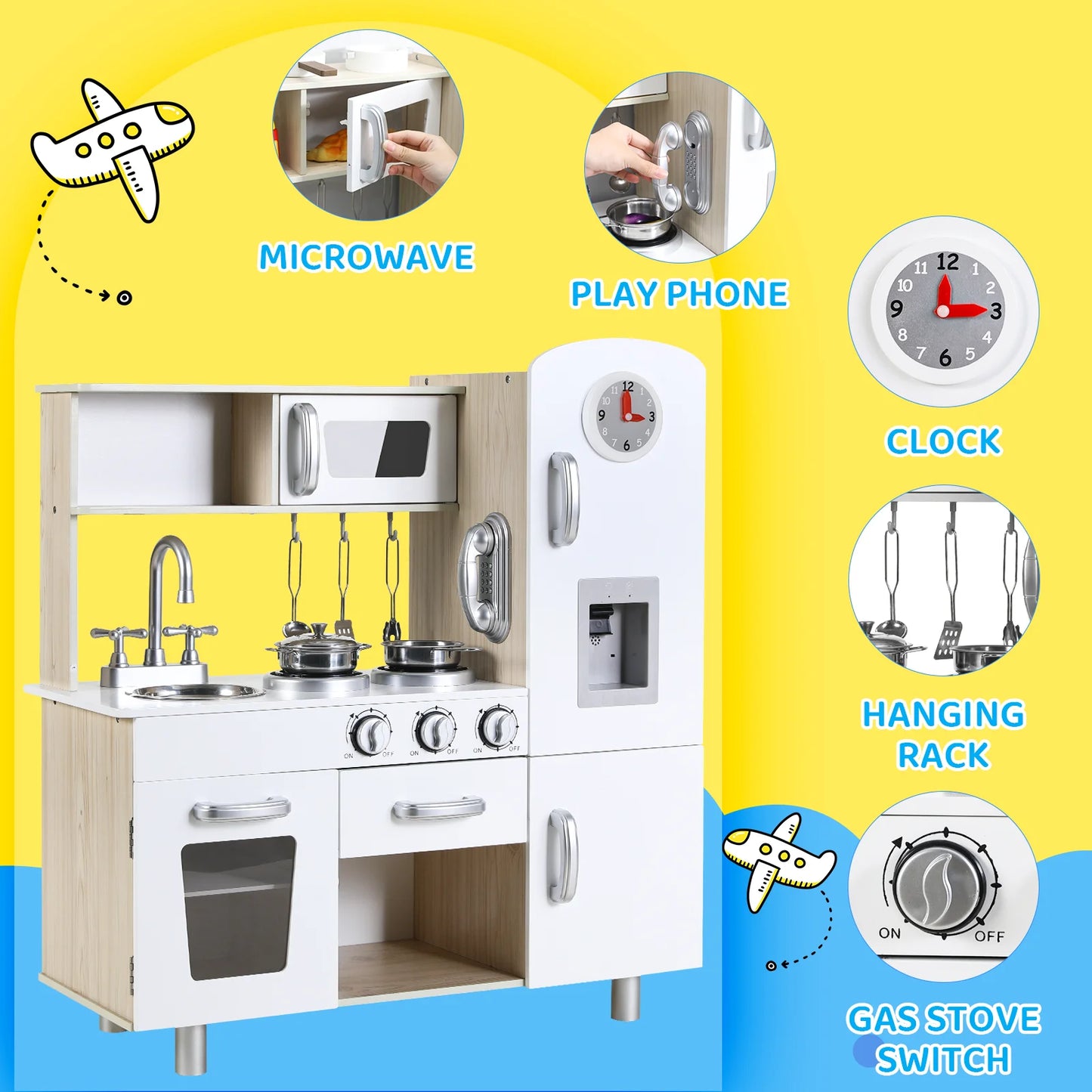 Kids Wooden Kitchen Playset For Pretend Cooking With Fridge Stove
