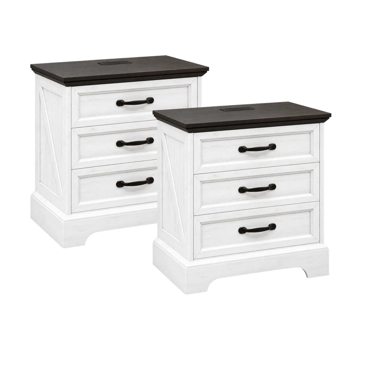 Farmhouse Nightstand With Charging Station And Three Wooden Drawers