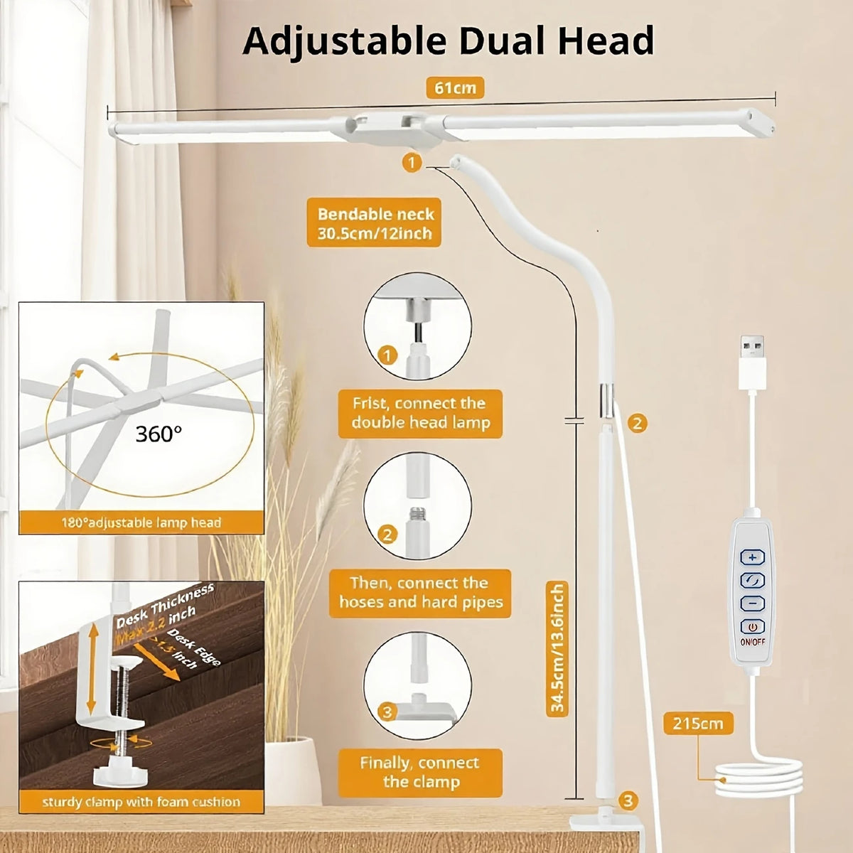 DUMILOO Dual LED Desk Lamp Clip On Dimmable Reading Light