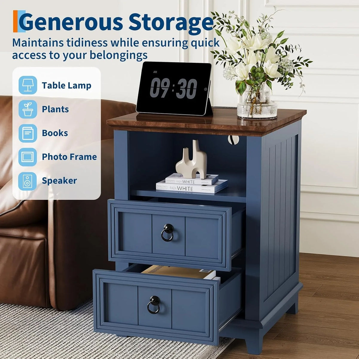 Modern Wood Nightstand With USB Charging And Storage Shelf