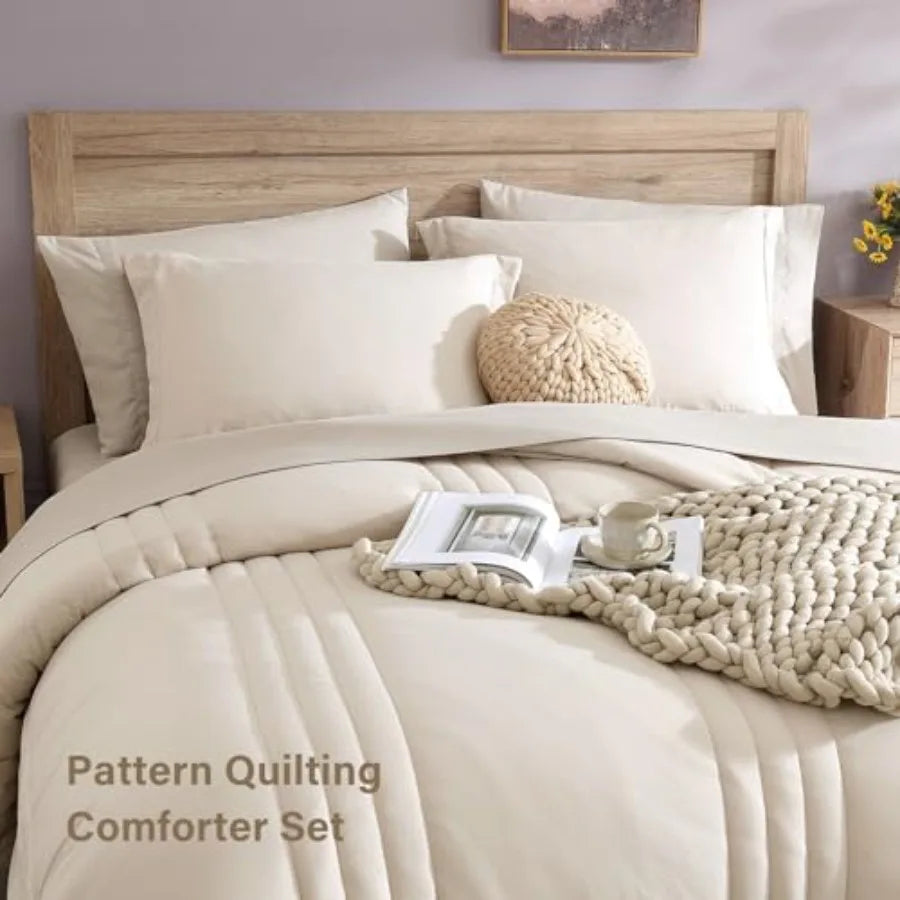 Comforter Set - 7 Pieces Beige Bed in a Bag Bedding Sets with Comforters, All Seasons Comforter Bed Set with Sheets, Pillowcase