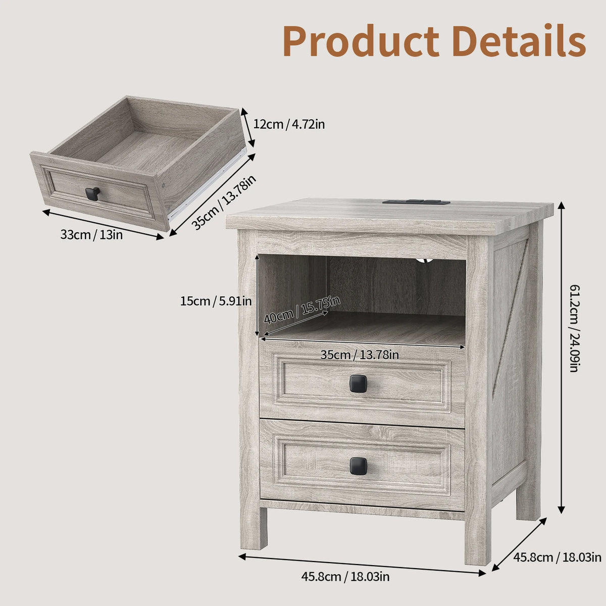 Nightstand with Charging Station and USB Port Wood Farmhouse Side End Table w 2 Drawers and Open Shelf for Bedroom Living Room