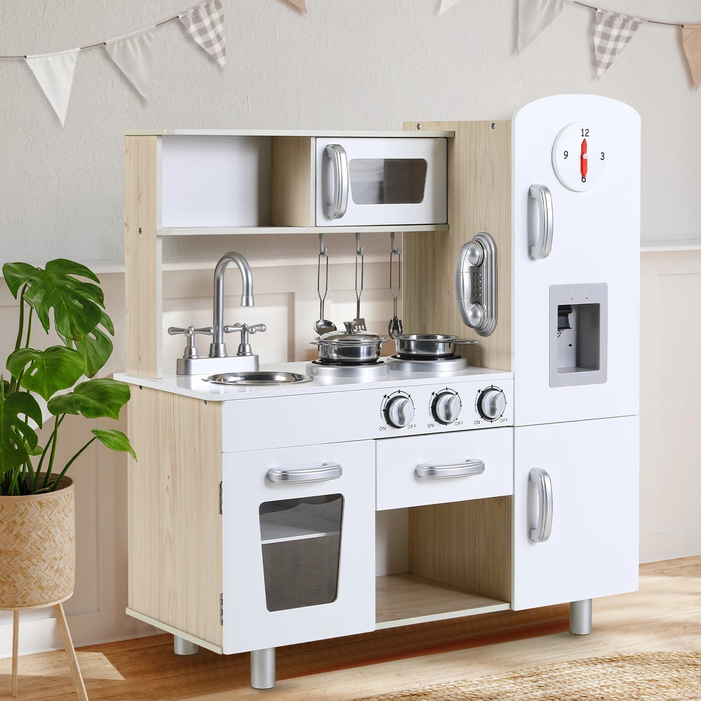 Kids Wooden Kitchen Playset For Pretend Cooking With Fridge Stove