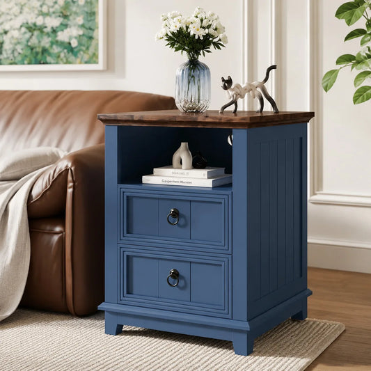 Modern Wood Nightstand With USB Charging And Storage Shelf