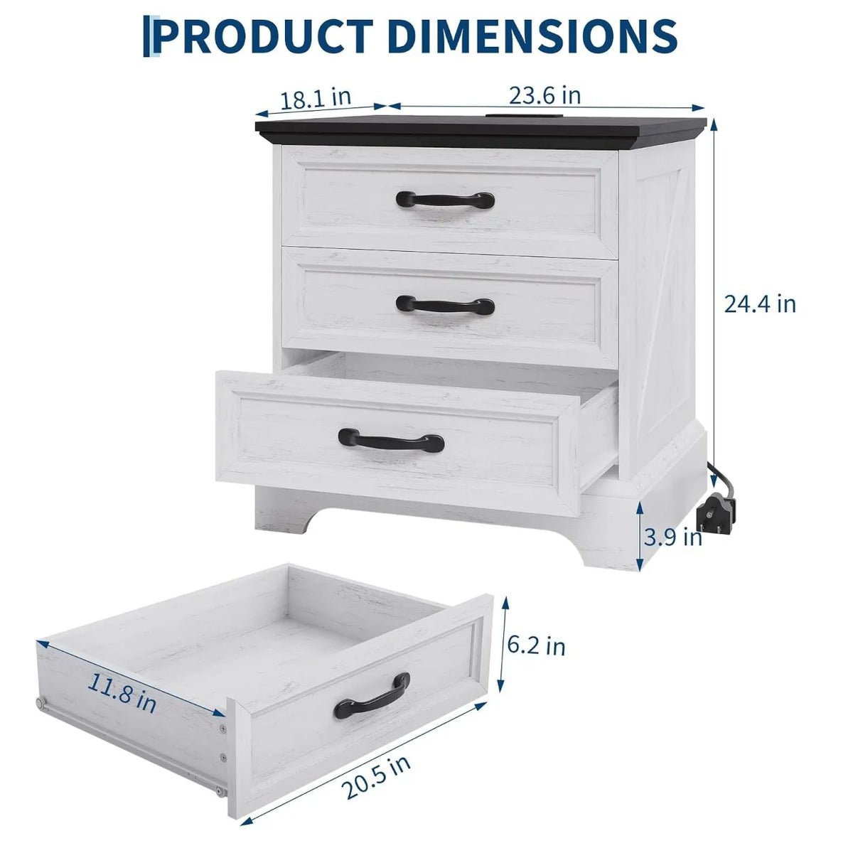 Farmhouse Nightstand With Charging Station And Three Wooden Drawers