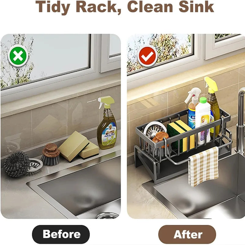 Kitchen Sink Organizer Stainless Steel With Tilted Water Tray For Sponge Brush