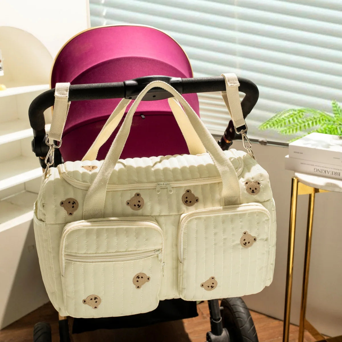 Baby Diaper Bag Cute Bear Flower Embroidery Pattern Mommy Bag Baby Beige Cotton Fabric Zipper Diaper Handbag New Luggage Bag