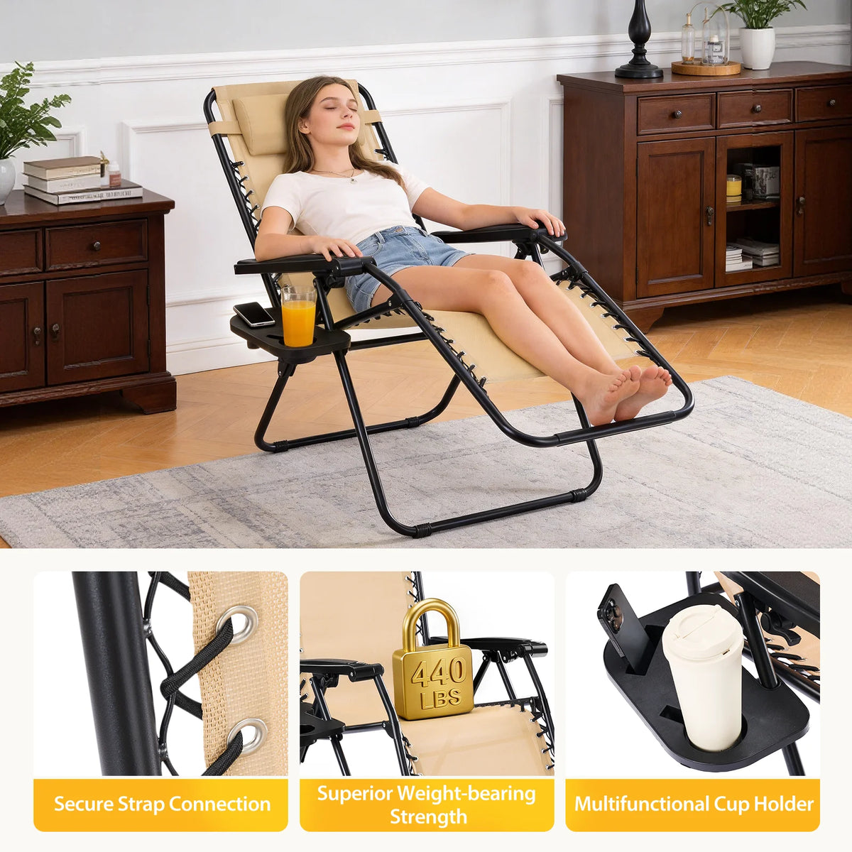 JHK Zero Gravity Outdoor Lounge Chair With Cup Holder