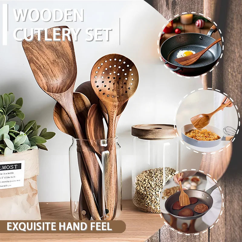 Wooden Utensil Set 5 Pieces With Hanging Holes Non Toxic Kitchen Tools