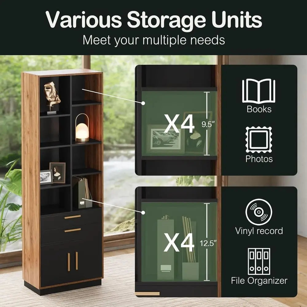 Wooden Bookshelf With 2 Drawers And 8 Cubes For Office