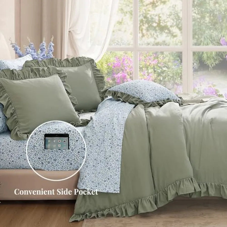 Comforter Set - 7 Pieces Ruffle Sage Green Bedding Sets, Shabby Chic Farmhouse Bed in a Bag with Ruffle Comforter, Floral Sheet