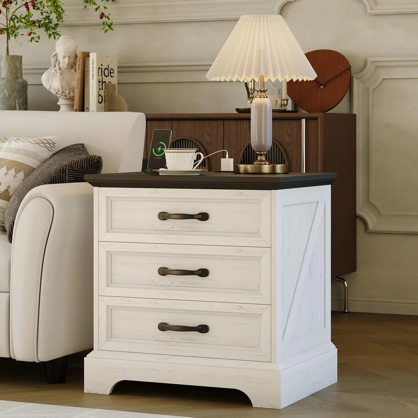 Modern Farmhouse Wood Nightstand With Charging Station And Storage Drawers