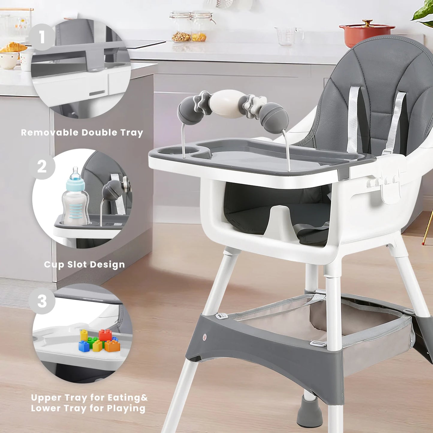 PIORLADO Portable Convertible Baby High Chair With Dining Tray And Toy Rack