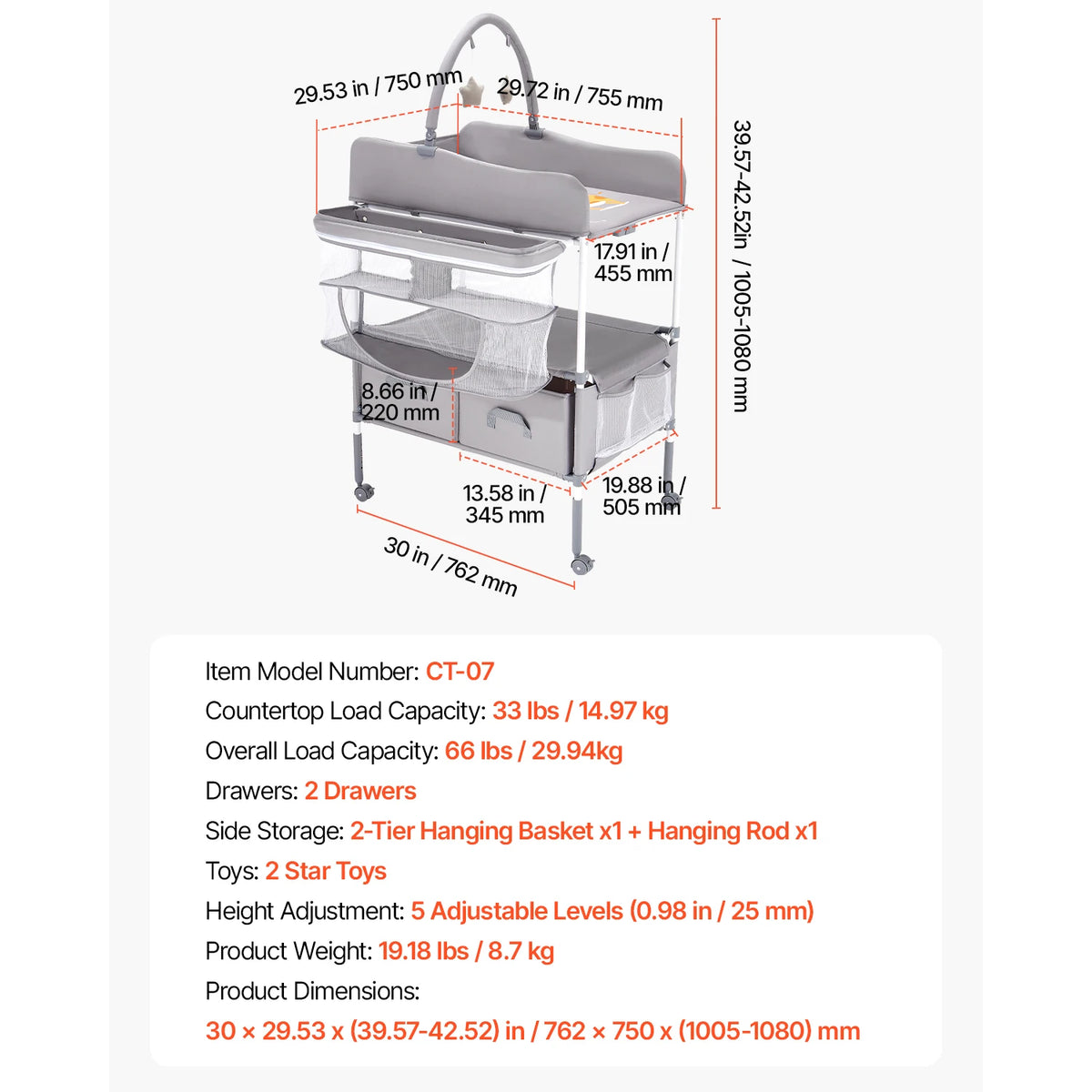 SucceBuy Baby Changing Table Foldable Diaper Change Station with 2 Fabric Drawers Side Basket & Hanging Rod Adjustable Height