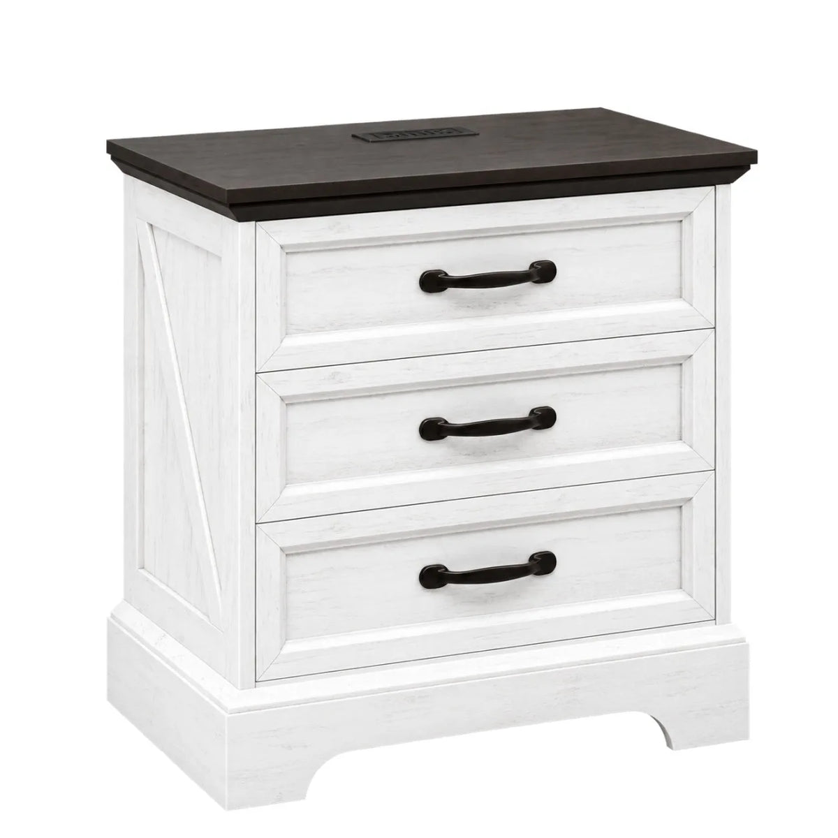 Farmhouse Nightstand With Charging Station And Three Wooden Drawers
