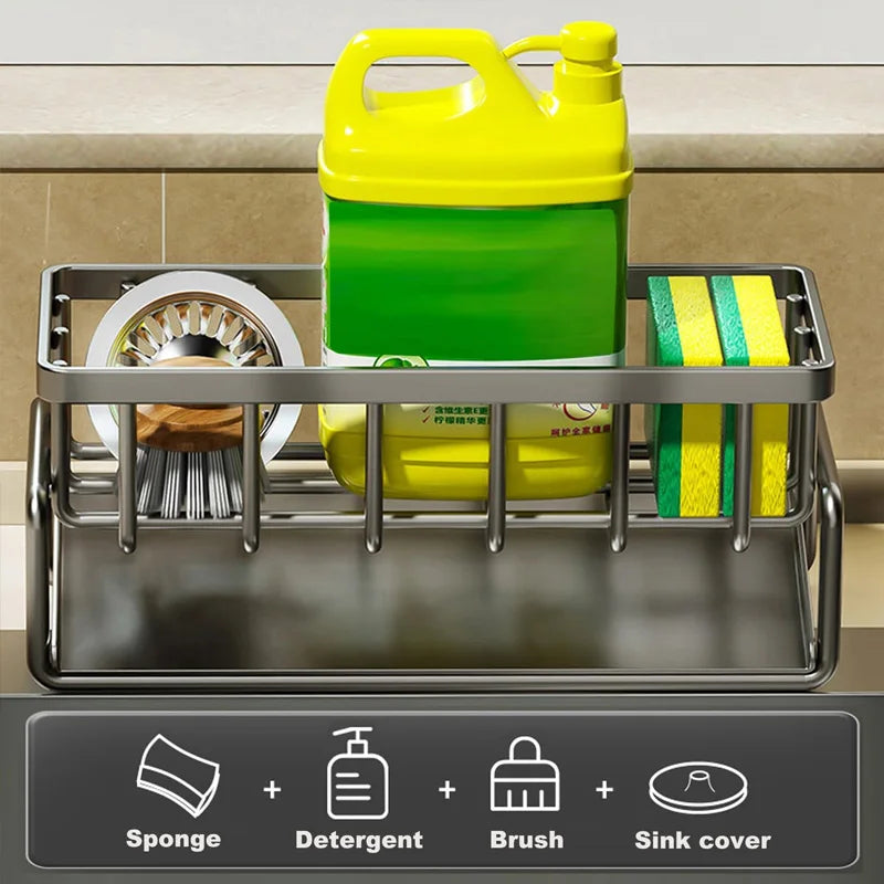 Kitchen Sink Organizer Stainless Steel With Tilted Water Tray For Sponge Brush