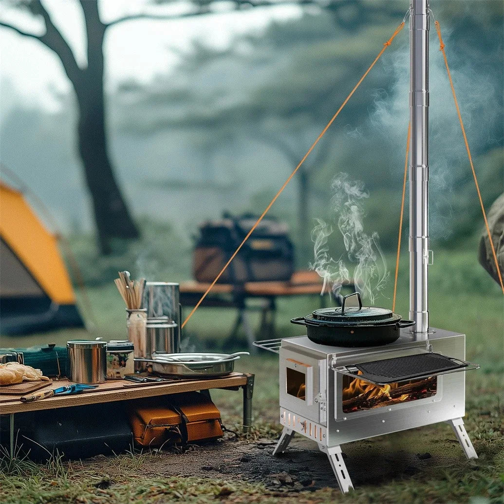 Wood Burning Portable Stove With Stainless Outdoor Chimney Pipes