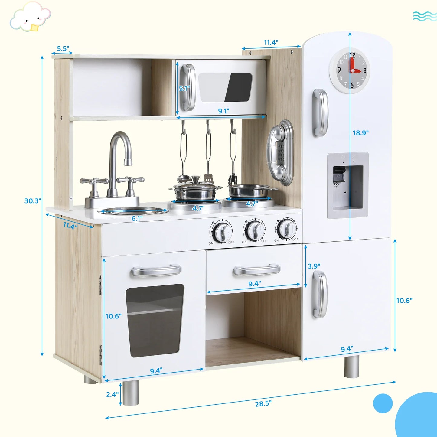 Kids Wooden Kitchen Playset For Pretend Cooking With Fridge Stove