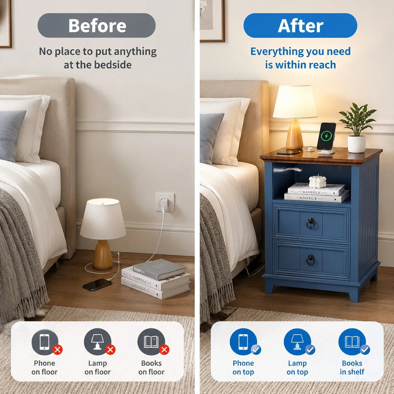 Modern Wood Nightstand With USB Charging And Storage Shelf