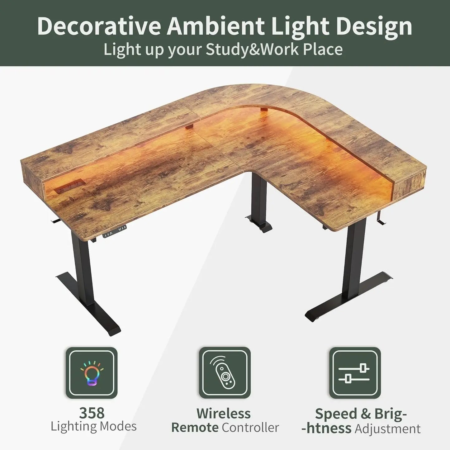 L Shaped Standing Desk With Arc LED and Triple Motors