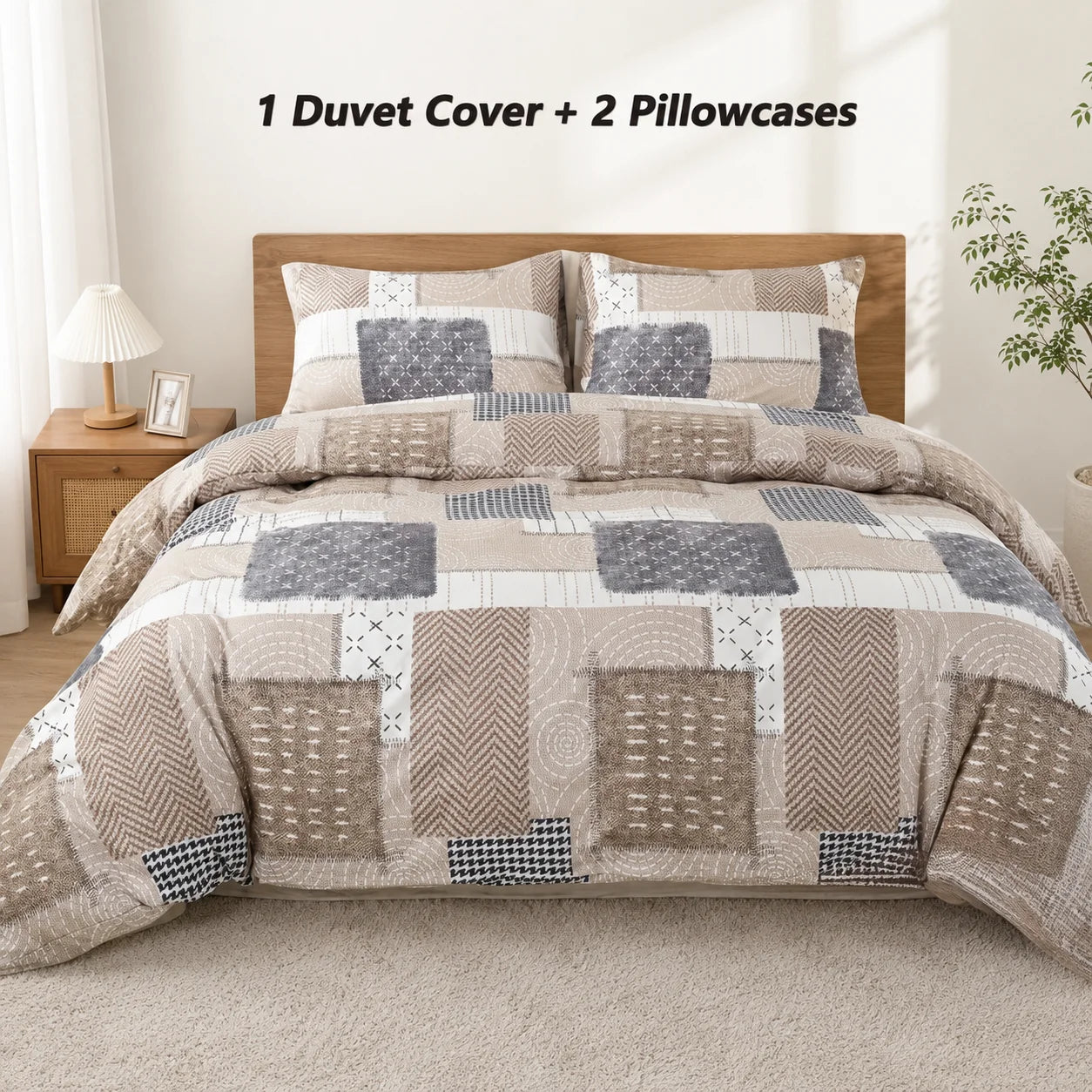Boho Patchwork Duvet Cover Set, Beige Grey Geometric Bedding Set, Farmhouse Soft Bed Cover with Pillowcases, Twin Full Queen King Breathable and Ultra-Soft, Suitable for All Seasons, Includes 1 Duvet Cover and 1-2 Pillowcases