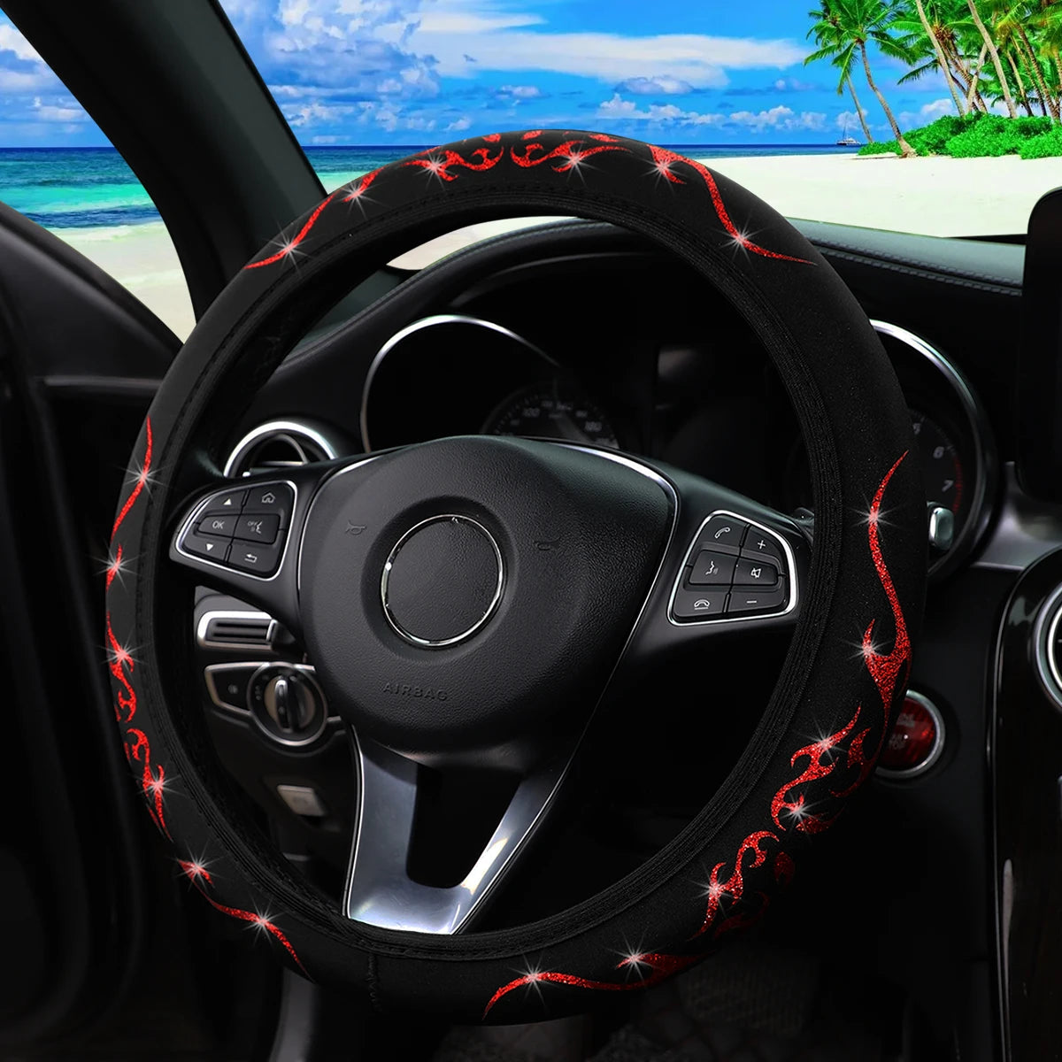 Meikaxiu Bling Bling Flame Totem Fabric Steering Wheel Cover