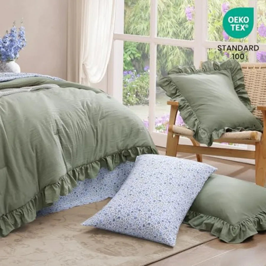 Comforter Set - 7 Pieces Ruffle Sage Green Bedding Sets, Shabby Chic Farmhouse Bed in a Bag with Ruffle Comforter, Floral Sheet