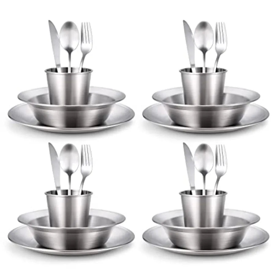 Stainless Steel Camping Mess Kit With Plates Bowls Forks Spoons Knives