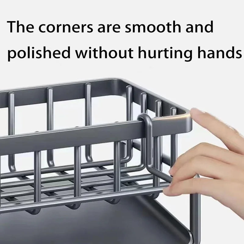 Kitchen Sink Organizer Stainless Steel With Tilted Water Tray For Sponge Brush