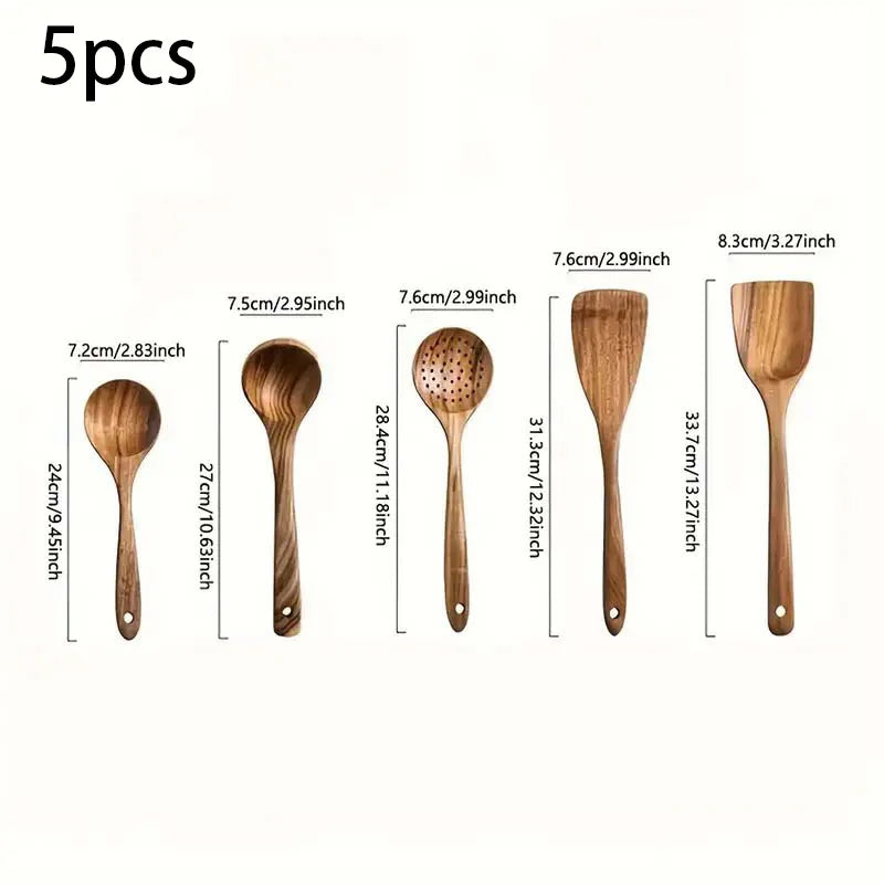 Wooden Utensil Set 5 Pieces With Hanging Holes Non Toxic Kitchen Tools