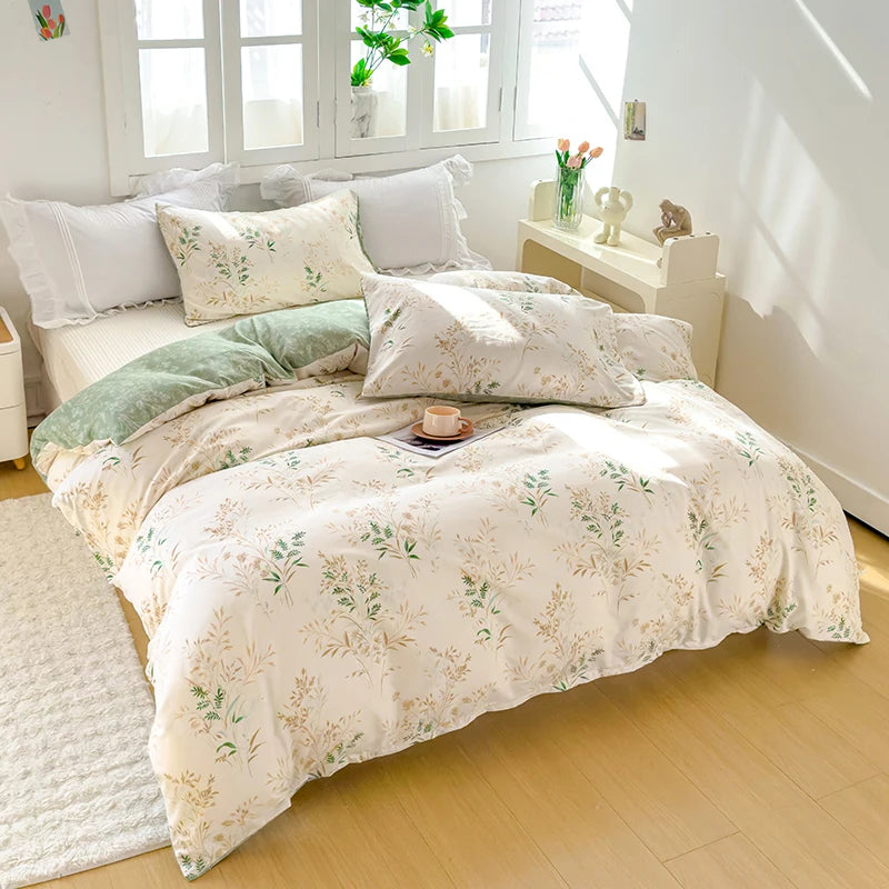 Tea Themed Plant Print Quilt Cover Set All Seasons Three Piece Ultra Soft