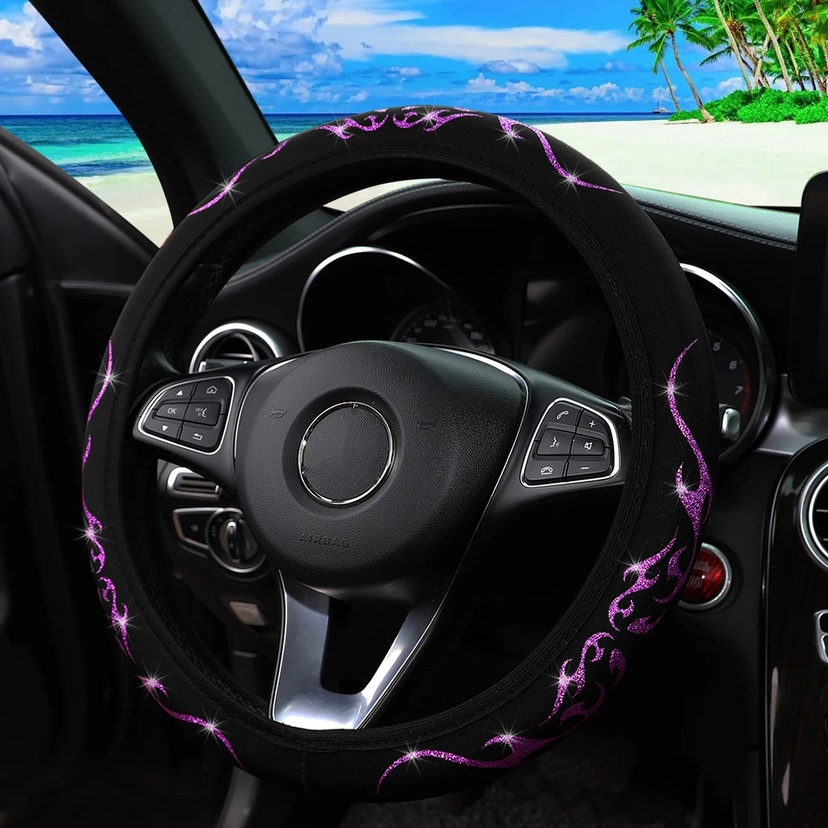 Meikaxiu Bling Bling Flame Totem Fabric Steering Wheel Cover