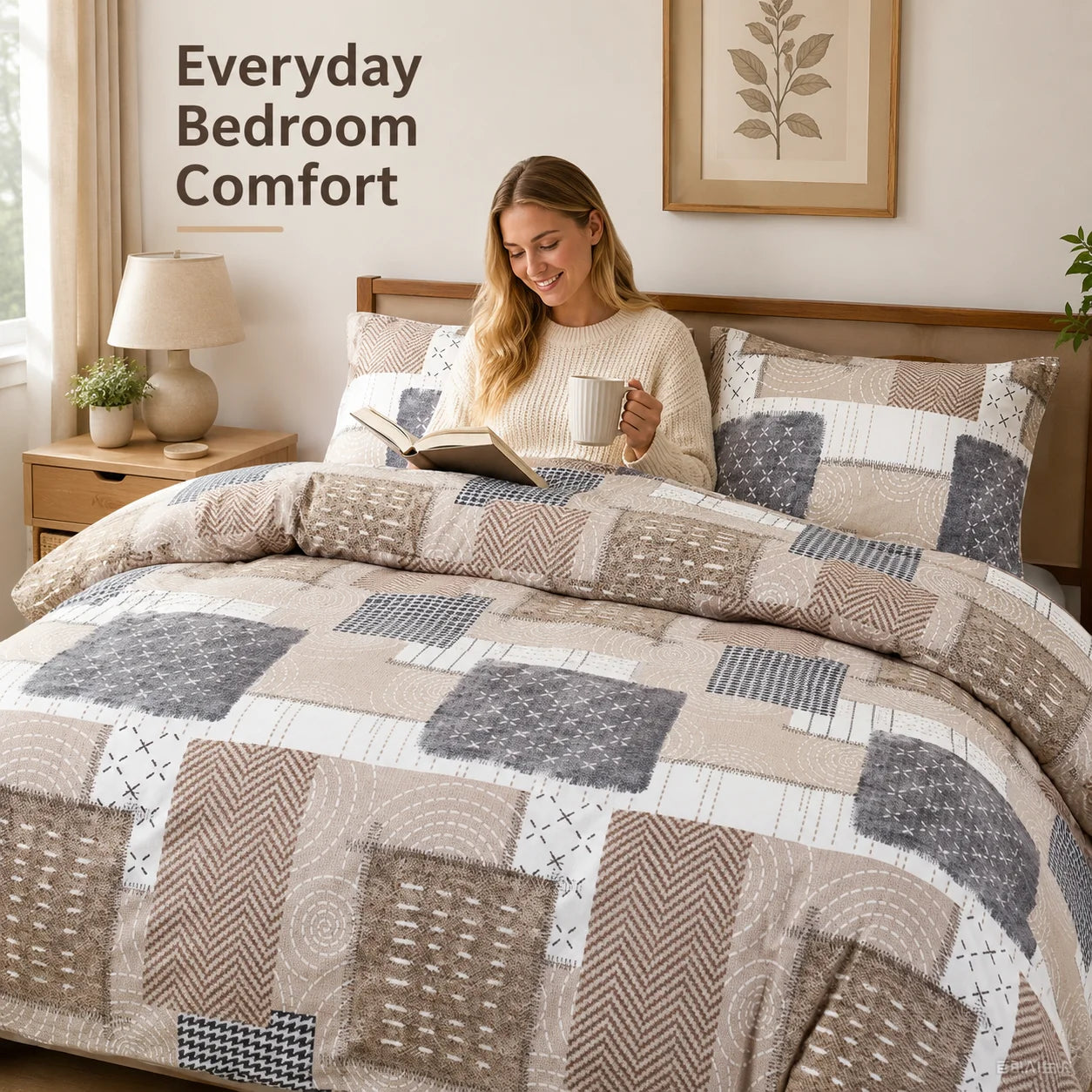 Boho Patchwork Duvet Cover Set, Beige Grey Geometric Bedding Set, Farmhouse Soft Bed Cover with Pillowcases, Twin Full Queen King Breathable and Ultra-Soft, Suitable for All Seasons, Includes 1 Duvet Cover and 1-2 Pillowcases
