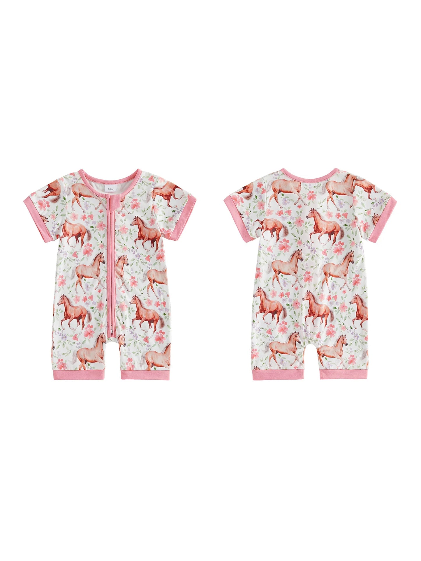 Baby Girl Romper Short Sleeve Crew Neck Western Boots Floral