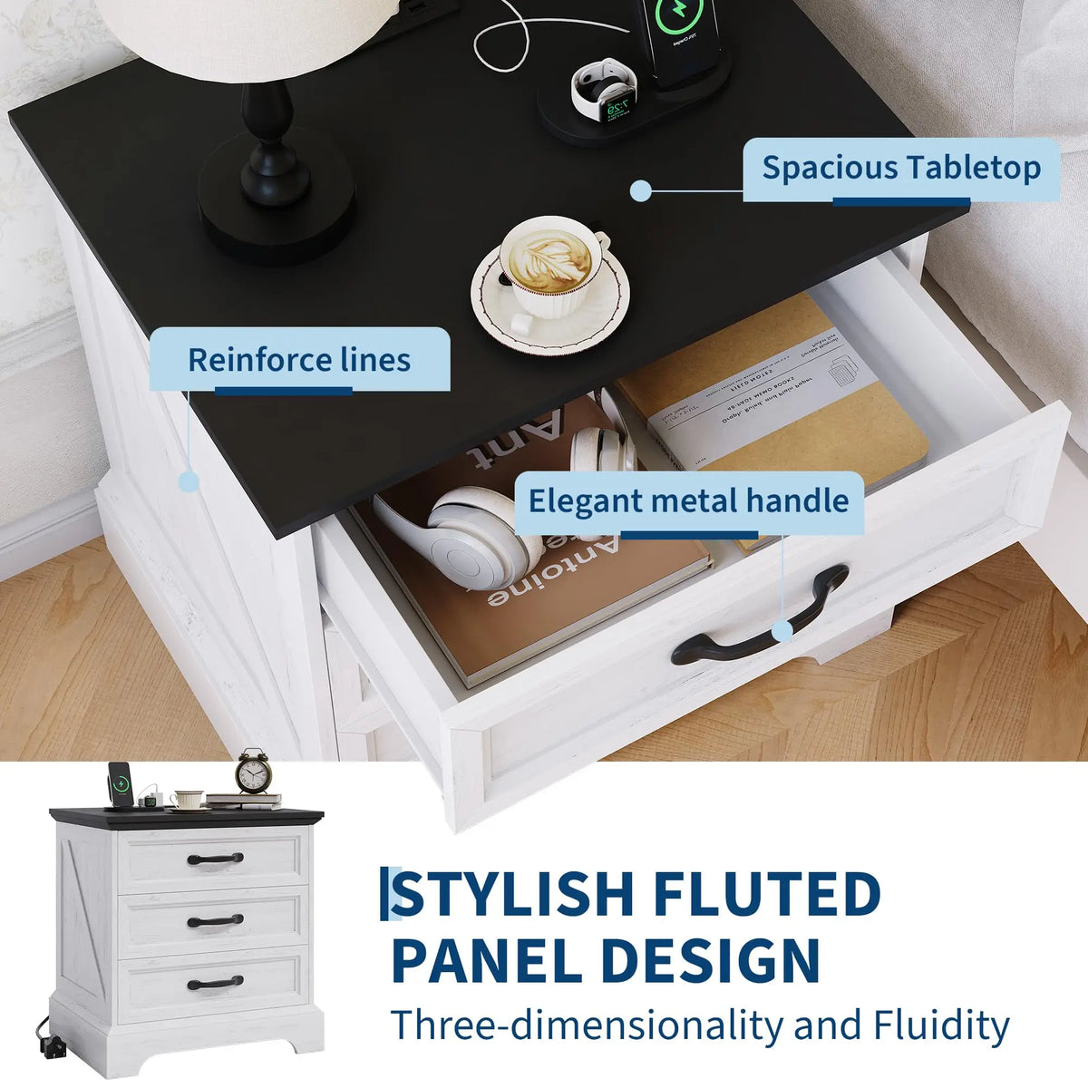 Modern Farmhouse Wood Nightstand With Charging Station And Storage Drawers