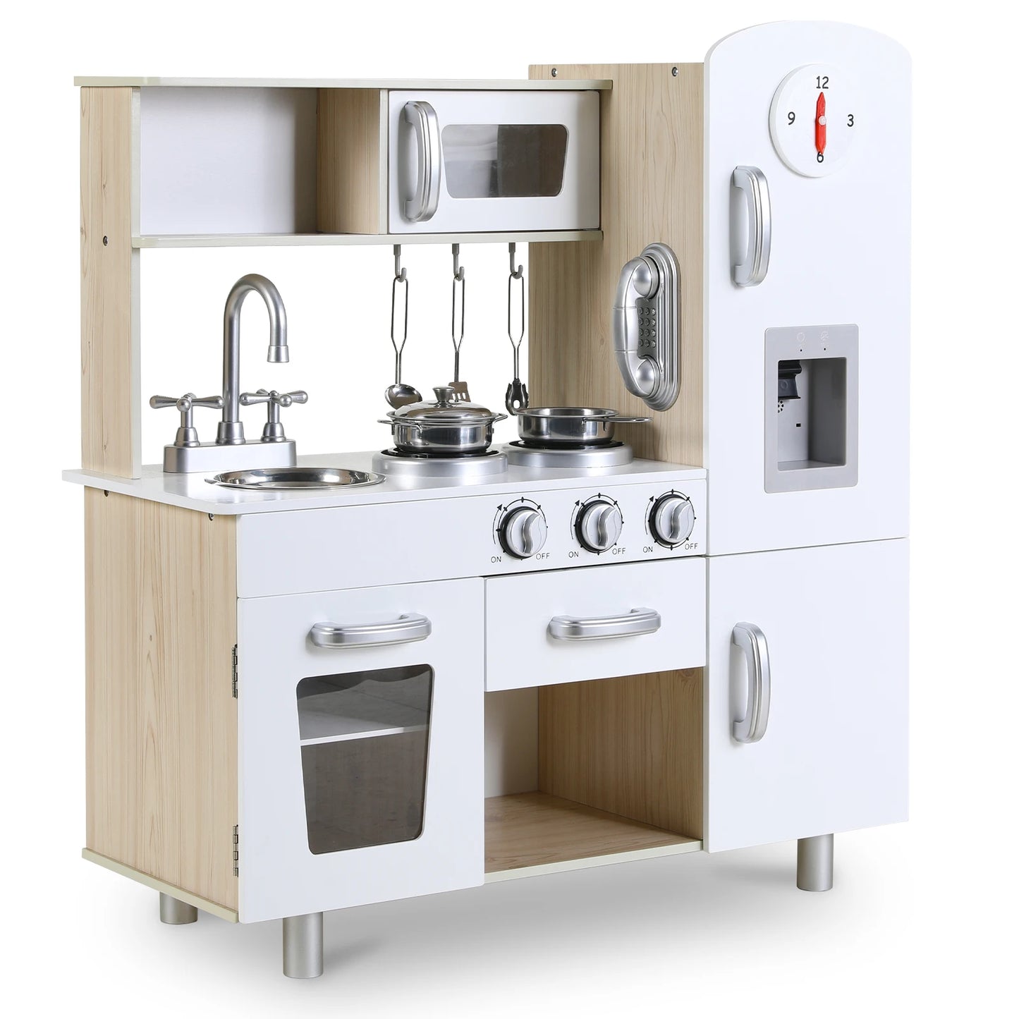 Kids Wooden Kitchen Playset For Pretend Cooking With Fridge Stove
