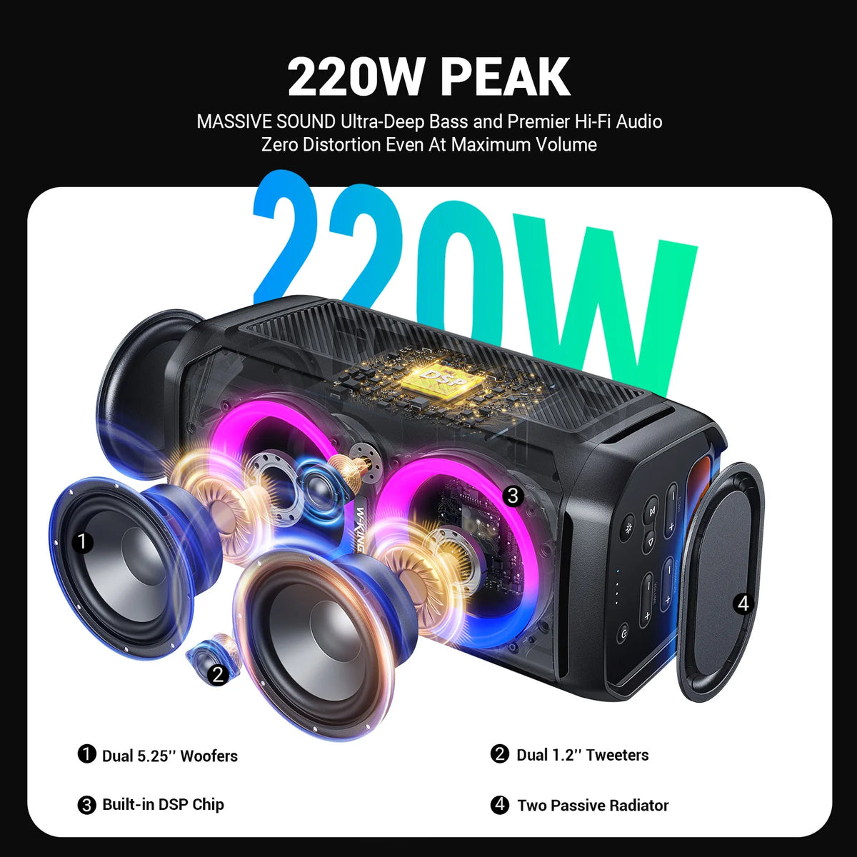 W-King T11 100W Portable Bluetooth Speaker IPX6 Waterproof Party Boombox