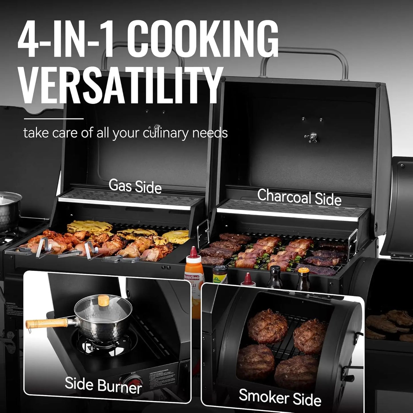 2-Burner Gas and Charcoal Combo Grill with Offset Smoker