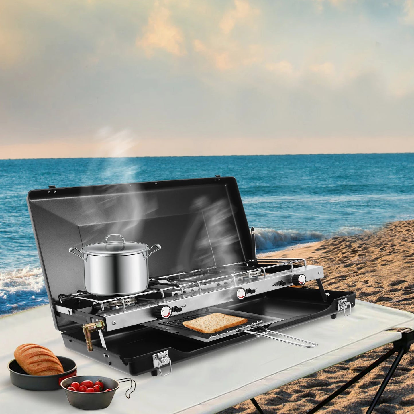 NONED 3-Burner Propane Portable Camping Stove With Griddle