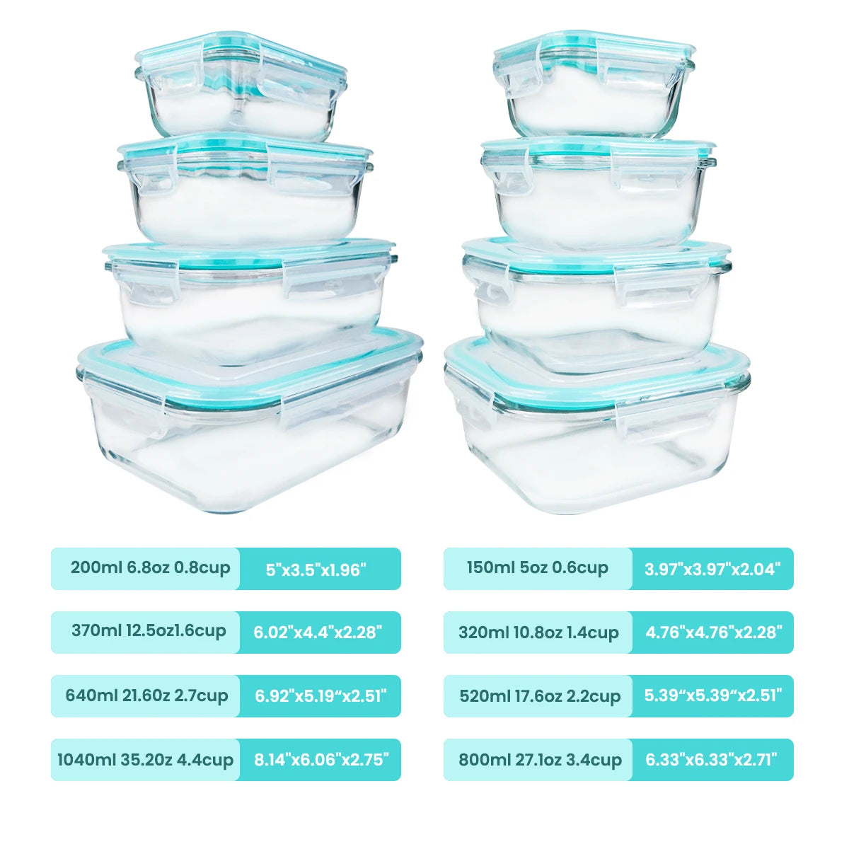 Glass Food Storage Containers Set 8 Piece Leakproof Airtight Microwave Oven Safe