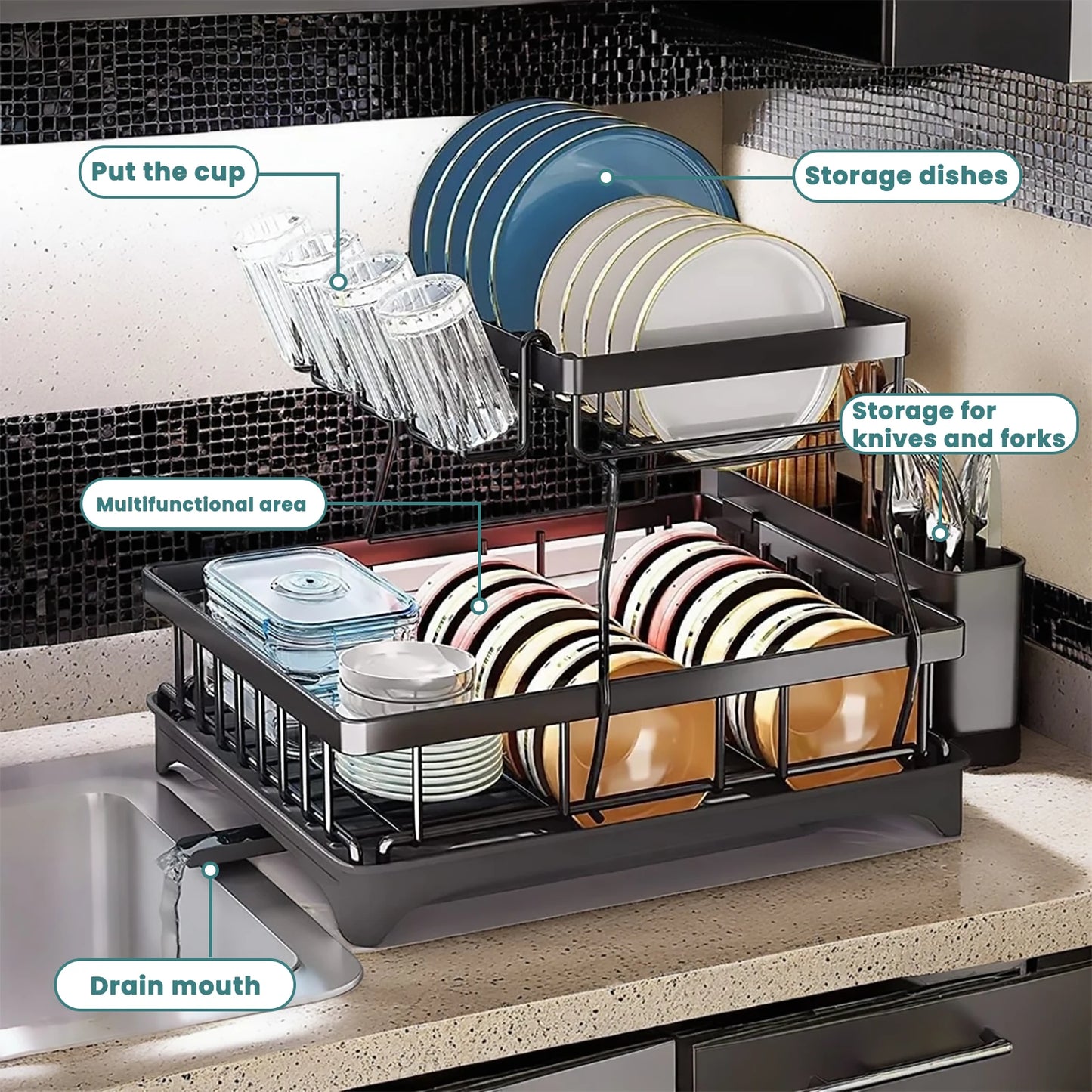 Two-Tier Dish Drying Rack For Kitchen Countertops Removable