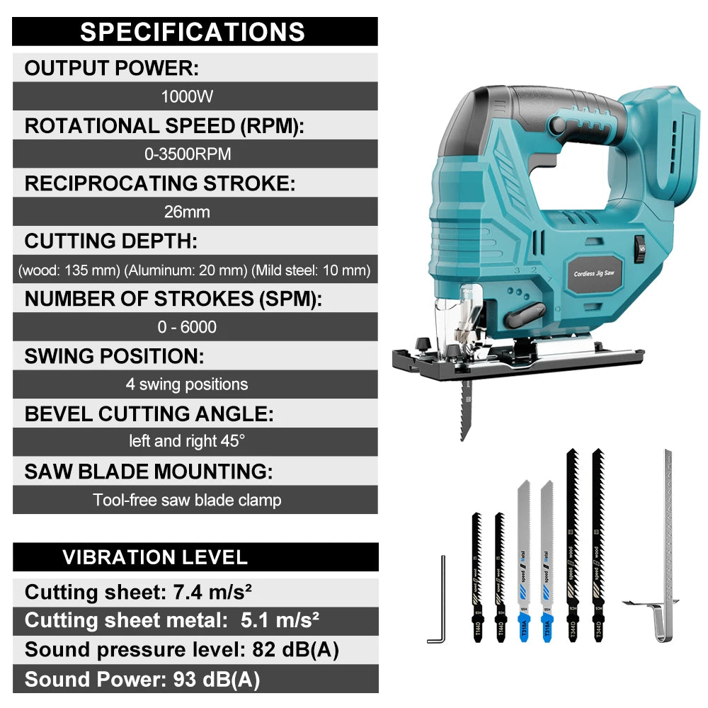 YEARTOP 7 Speed Brushless Cordless Jigsaw 18V Woodworking Tool