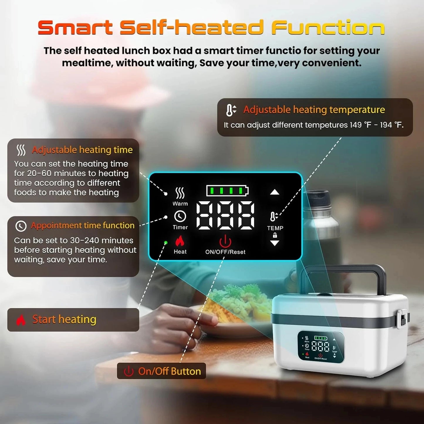 Wireless Electric Insulated Stainless Steel Lunch Box With 8000mAh Battery